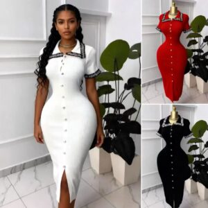 Women's Color-Block Lace-trimmed Mock-Neck Knitted Dress