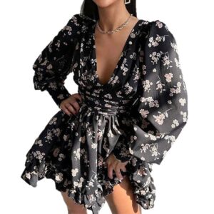 Women’s Printed Puff Sleeve Waist Cinching Dress