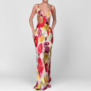 New Women’s Fashion Sexy Sassy Spaghetti-strap V-neck Luxury Printed Maxi Dress