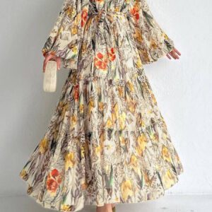 Floral-print Long-sleeve Chic And Elegant Robe Dress