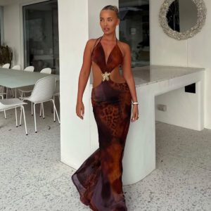 Women’s Sexy Hollow-out Fashionable Printed Bodycon Split Dress