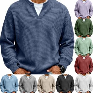 Simple Waffle-Weave V-neck SweatShirt For Men Fall Spring Two-Piece Casual Long-Sleeve T-Shirt For Daily Wear Work Outfit Streetwear