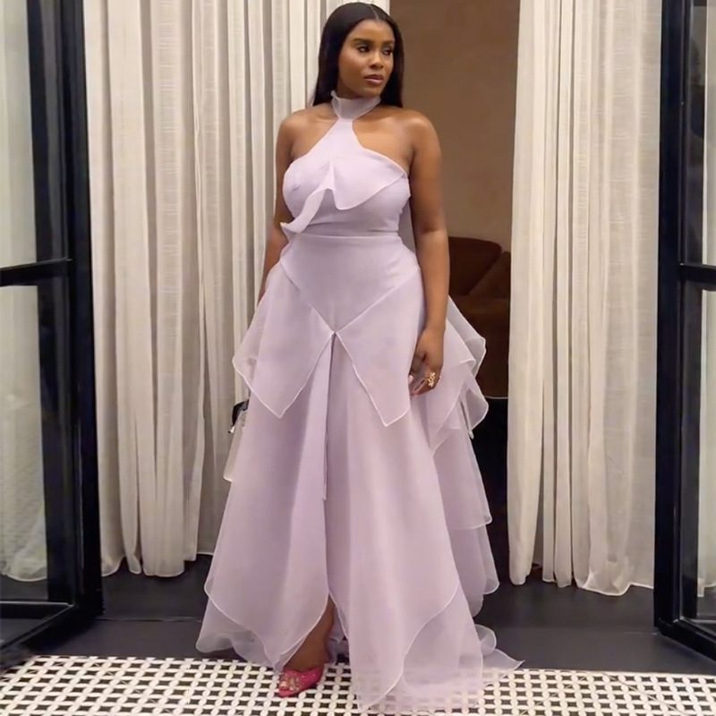 New Stylish Halterneck Off-shoulder Waist-cinching Ruffled Patchwork Dress