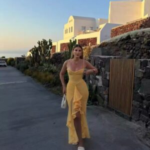 Quality Yellow Strap Lace Long Dress