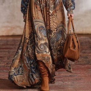 Bohemian-print Long-sleeve Figure-flattering Dress With Balloon Sleeves