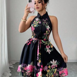 Women’s Casual Printed Waist-Cinching Halter-Neck Lace-Up Dress