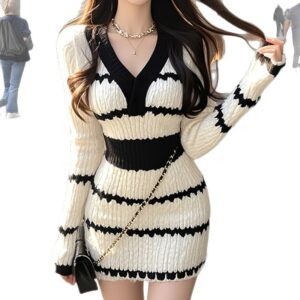 French-style Chic Black-and-white Contrast V-neck Long-sleeve Dress