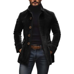 Men’s Jacket Winter Stand Collar Button-up Coat Casual Blazer Outerwear Clothing