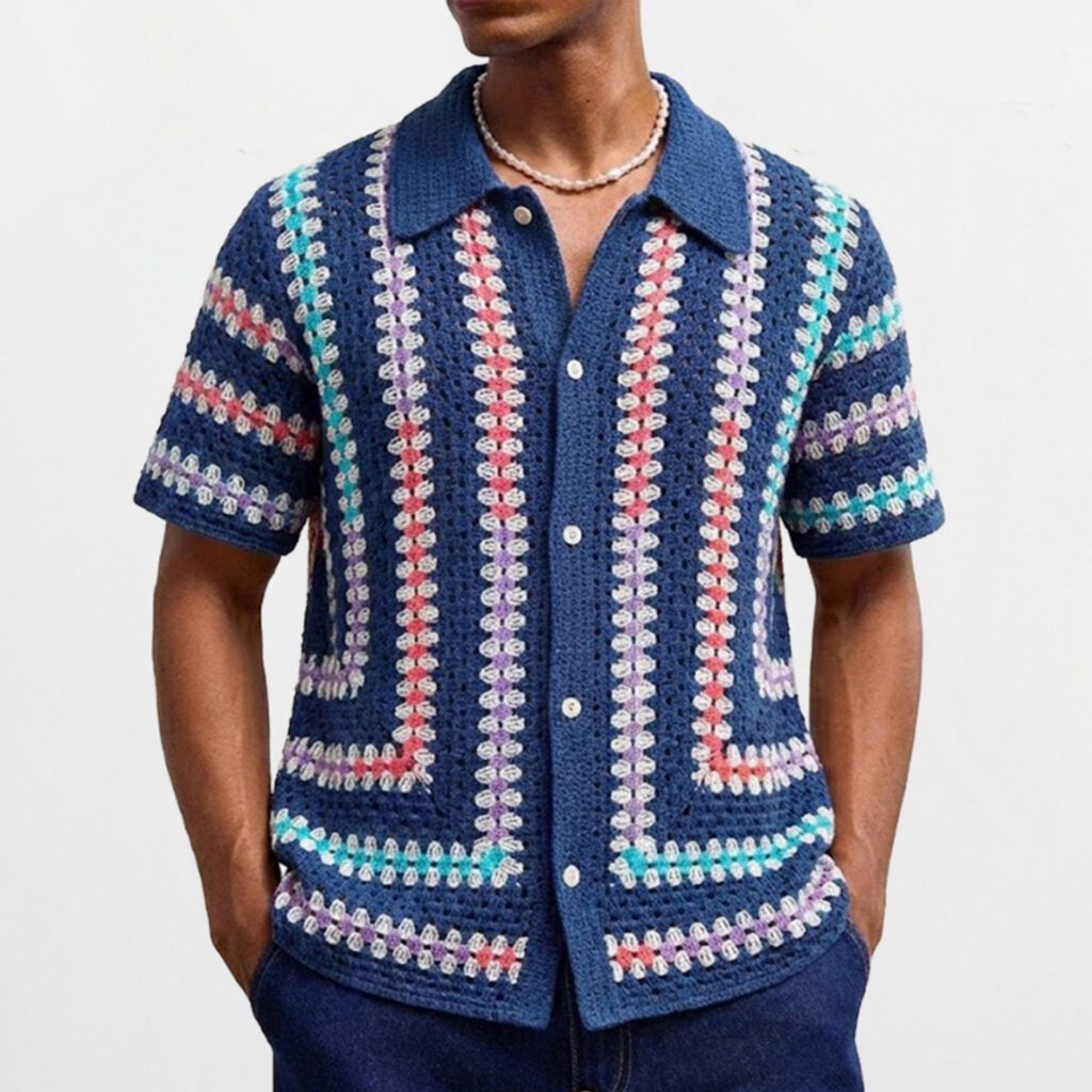 Mens Hollow-Out Cardigan Short-Sleeve Lapel Water-Soluble Knit Top