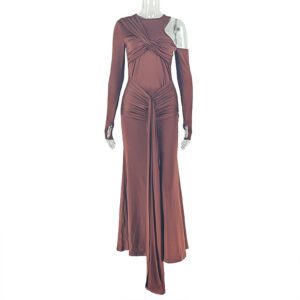 Fashionable Pleated One-shoulder Sheath Dress With A Round Neckline