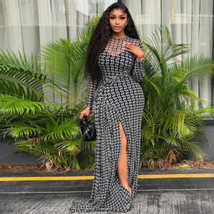 Split Sheath Skirt With A High Neck Sheer Long Sleeves And Dress