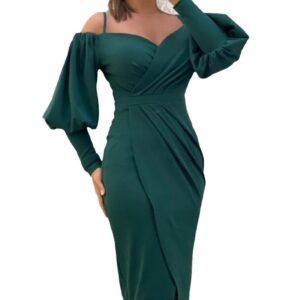 Women’s Strapless Halter Neck Lantern-sleeve Waist Cinching Pleated Dress