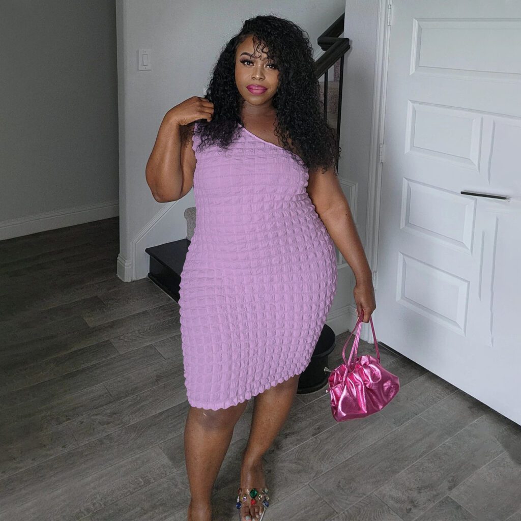 Asymmetrical-neck Solid-color Figure-hugging Sheath Dress