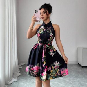 Women’s Casual Printed Waist-Cinching Halter-Neck Lace-Up Dress
