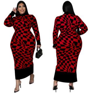 Women’s Crew-Neck Plaid Printed Long-Sleeve Elegant Dress