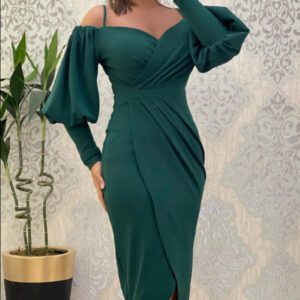 Women’s Strapless Halter Neck Lantern-sleeve Waist Cinching Pleated Dress