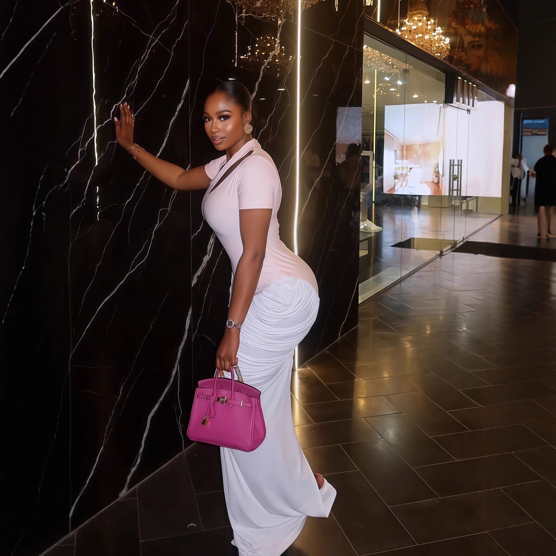 Short-sleeve Slash-neck Hollow-out Pleated Figure-hugging Maxi Dress - Image 5