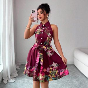 Women’s Casual Printed Waist-Cinching Halter-Neck Lace-Up Dress