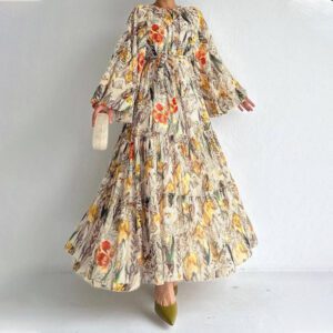 Floral-print Long-sleeve Chic And Elegant Robe Dress
