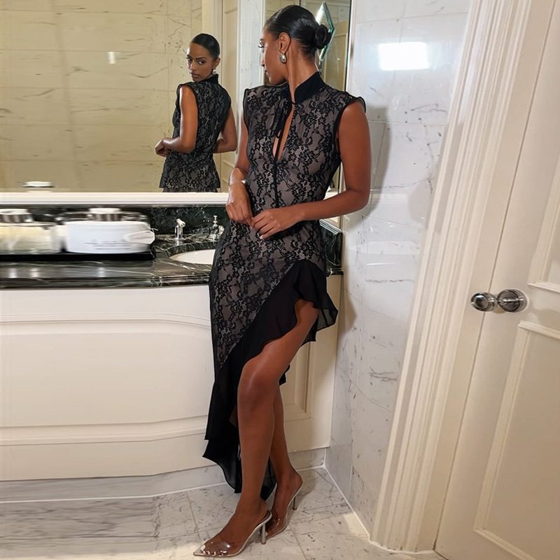 Mesh Sheer Lace Slim-fit Sleeveless Dress - Image 4