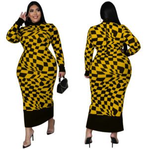 Women’s Crew-Neck Plaid Printed Long-Sleeve Elegant Dress