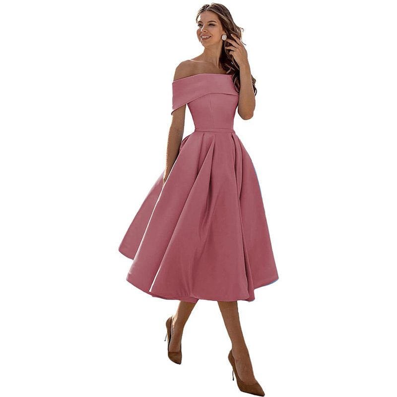 Women's Fashion Casual Strapless Satin Party Dress Off The Shoulder Tea Length Satin Prom Dresses With Pockts Formal Evening Party Dress – Image 9