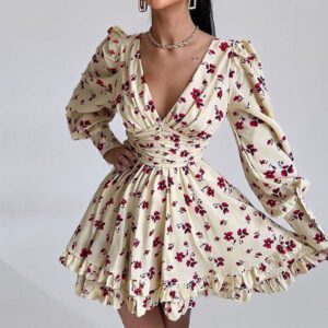Women’s Printed Puff Sleeve Waist Cinching Dress
