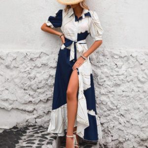 Women’s Casual Printed Dress With A Turn-down Collar And Cinched Waist