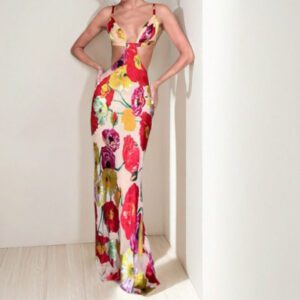 New Women’s Fashion Sexy Sassy Spaghetti-strap V-neck Luxury Printed Maxi Dress