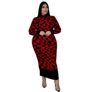 Women’s Crew-Neck Plaid Printed Long-Sleeve Elegant Dress