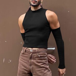 Mens Casual Long-sleeve Hollow-out T-shirt With Off-shoulder Design