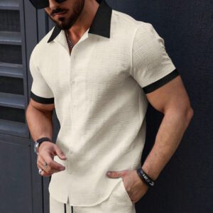 Stylish Mens Jacquard Color-block Casual Short-sleeve Shirt