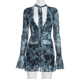 Mesh Halter-neck Strap Long-sleeve Dress With Built-in Safety Shorts