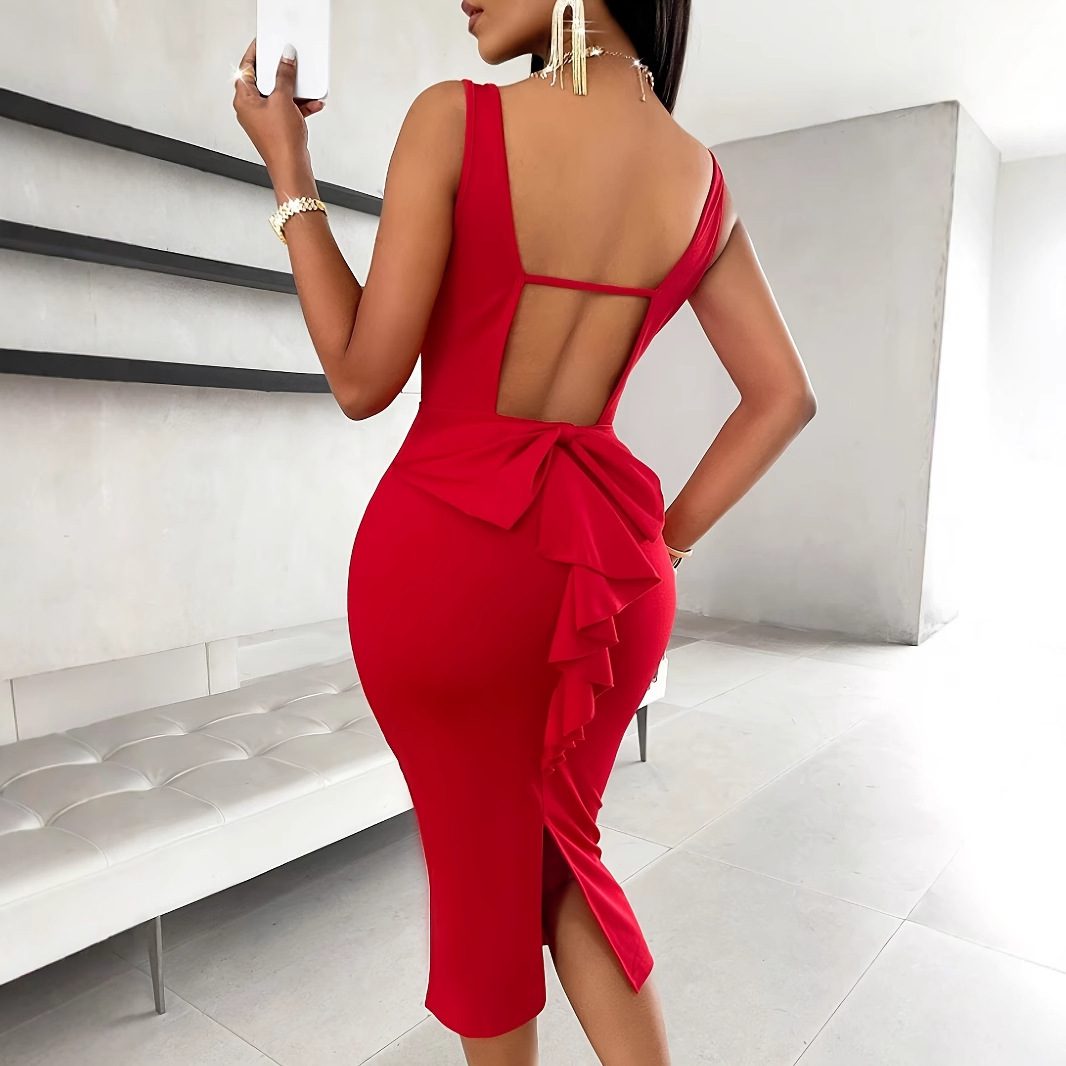 Elegant Dress With Slit Bow And Ruffled Trim – Image 6