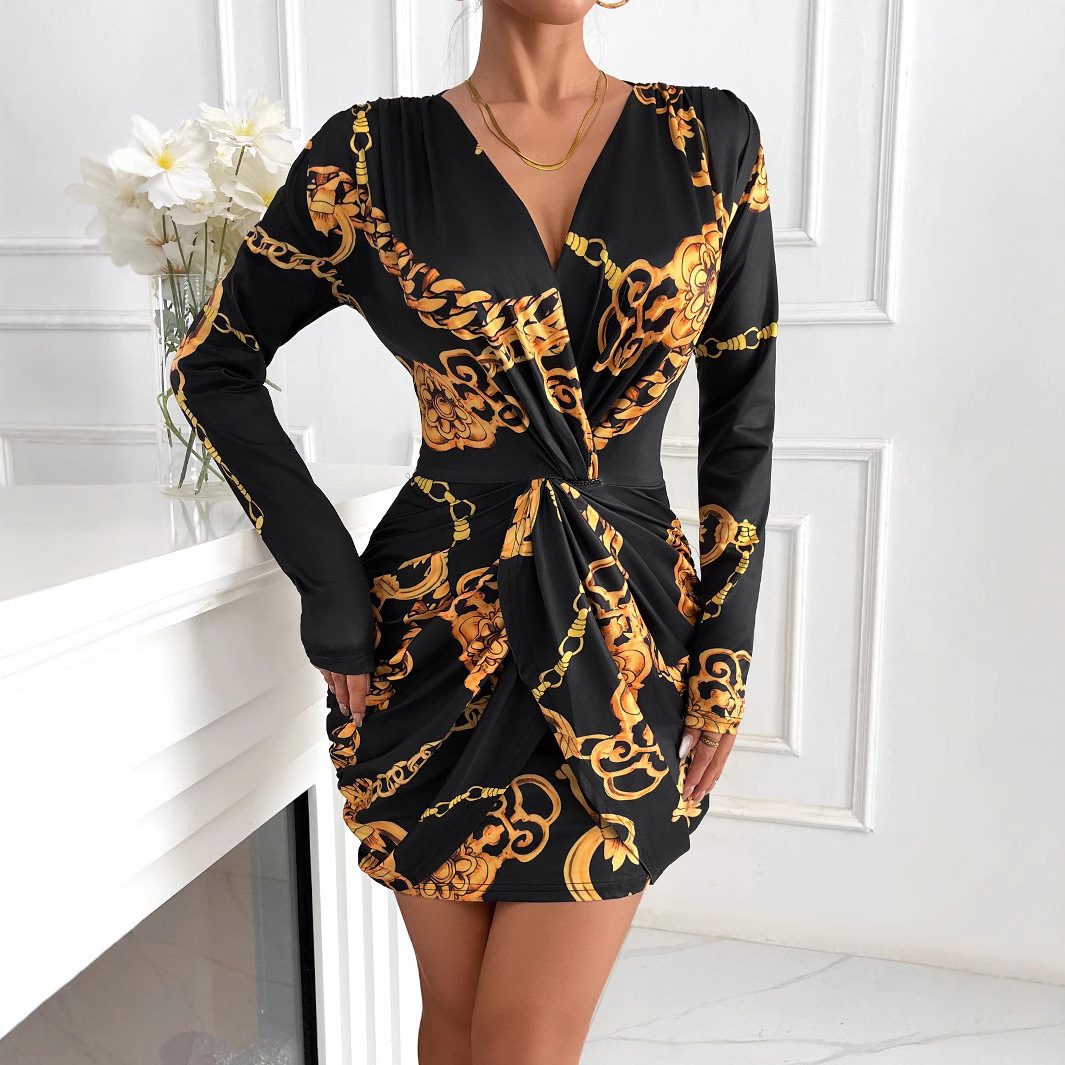 Long-sleeve V-neck Stretchy Hip-hugging Short Dress For Banquets