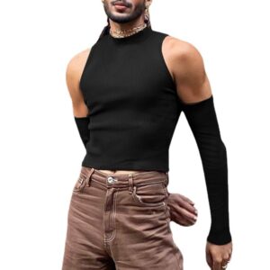 Mens Casual Long-sleeve Hollow-out T-shirt With Off-shoulder Design