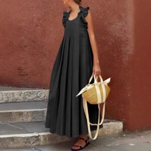 Women’s Casual Long Ruffle-Trimmed Solid-Color Dress