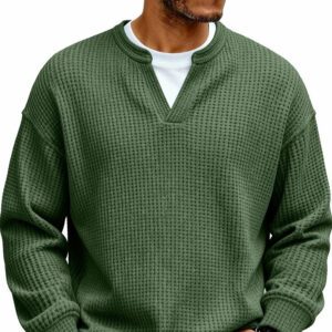 Simple Waffle-Weave V-neck SweatShirt For Men Fall Spring Two-Piece Casual Long-Sleeve T-Shirt For Daily Wear Work Outfit Streetwear