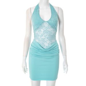 Halter Strap Backless Ruffle Hip Short Skirt Lace Stitching Dress Women
