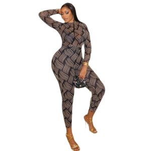 Striped Pantsuit With Long Sleeves And A High-necked Form-fitting Design