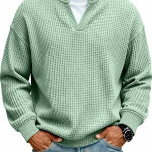 Simple Waffle-Weave V-neck SweatShirt For Men Fall Spring Two-Piece Casual Long-Sleeve T-Shirt For Daily Wear Work Outfit Streetwear