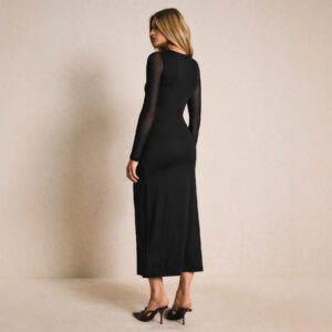 New Stylish And Chic Dress Featuring A Patchwork Mesh Sleeve Design Adorned With Metallic Buckles