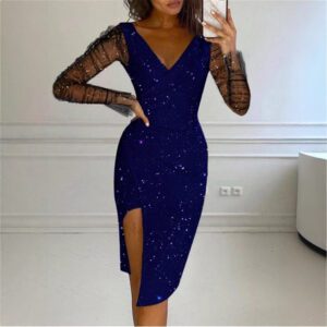Hot-stone-embellished V-neck Sheath Mesh Dress For Women