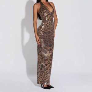 Women’s Backless Leopard-Print Bodycon Halter Maxi Dress