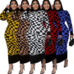 Women’s Crew-Neck Plaid Printed Long-Sleeve Elegant Dress