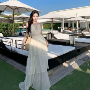 Deep V New Patchwork Slim Fit Slimming Spaghetti Straps Tiered-Ruffle Long Dress