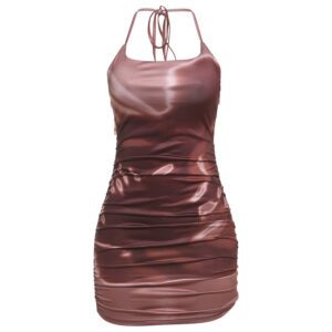 Women’s Stylish Contrasting Color Halter Neck Backless Pleated Sheath Dress