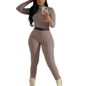 Women’s Fashion Printed Street Round Neck Long Sleeve Fitness Jumpsuit