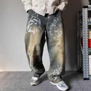Mens Patchwork Design Loose Wide-Leg Draping Straight-Leg Pants Trousers