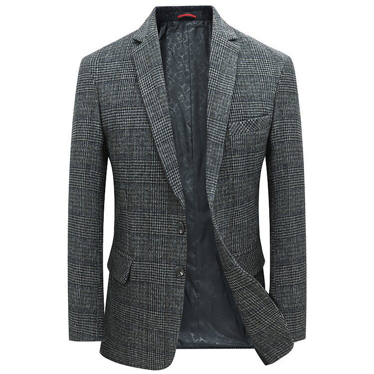 Stylish Gray Plaid Single-breasted Blazer – Image 4